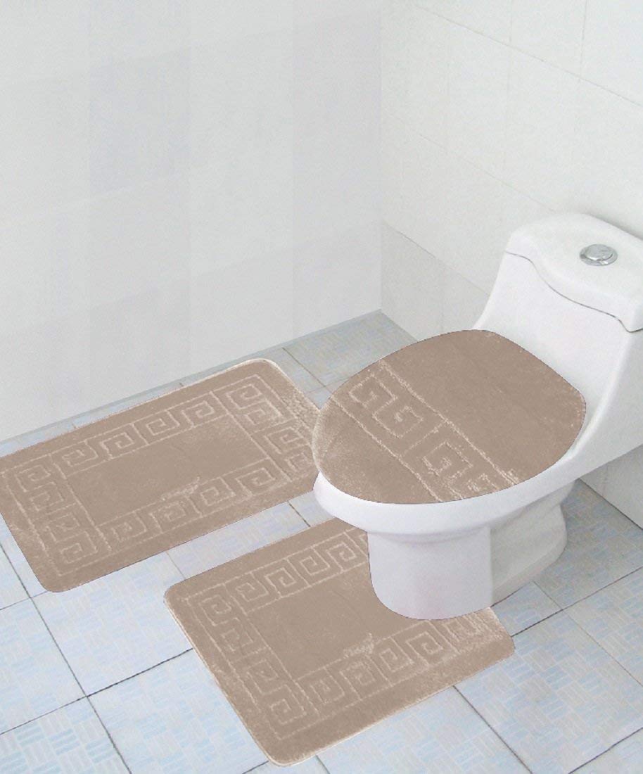 Wpm World Products Mart 3 Piece Bath Rug Set Pattern Bathroom Rug (20''X32'')/Large Contour Mat (20''X20'') With Lid Cover (Beig