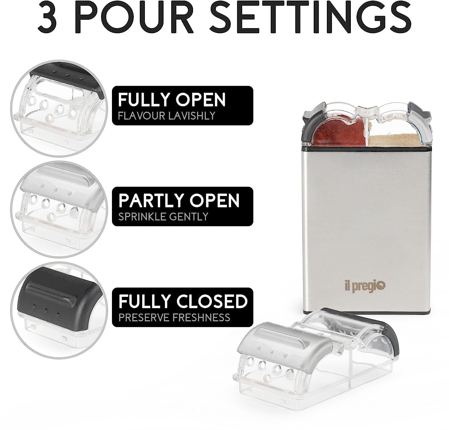Il Pregio Double Spice Stainless Steel Seasoning Jar Shaker - 2 In 1 Salt And Pepper Dispenser With Adjustable Pour Holes | 2.3O