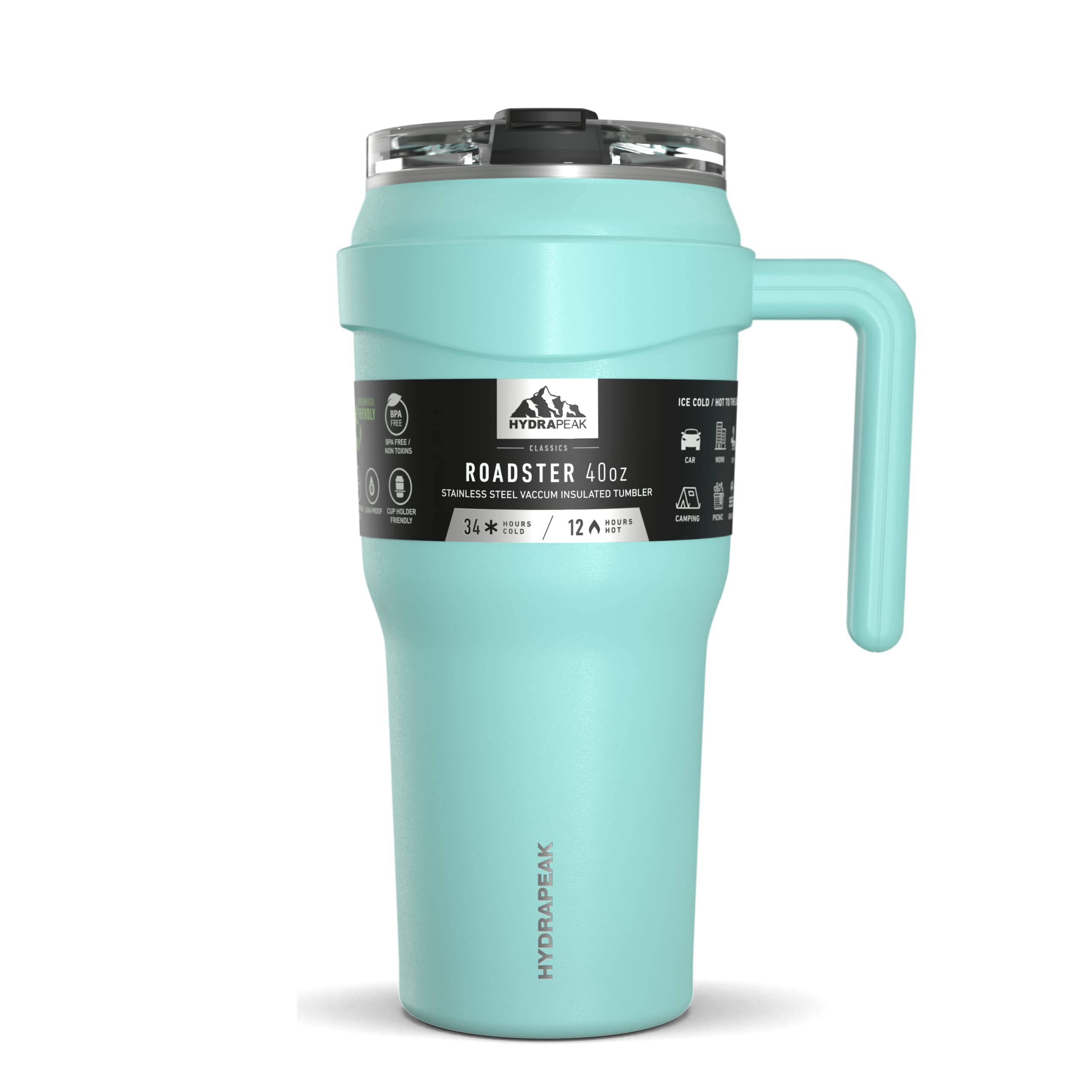 Hydrapeak Roadster 40Oz Stainless Steel Tumbler Double Wall Vacuum Insulated Water Bottle With Handle And 2 In 1 Straw Lid (Aqua