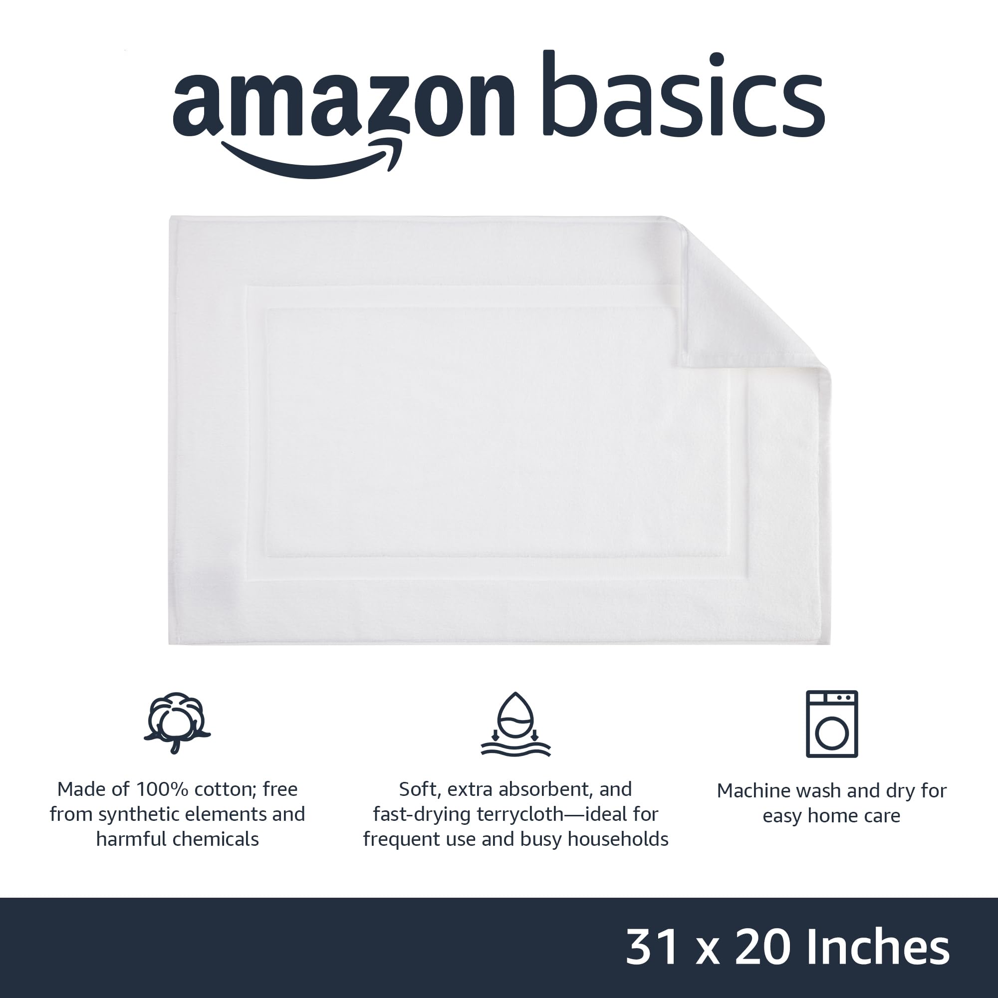 Amazon Basics Absorbent Cotton Machine Washable Bath Rug Mat For Shower, Bright White, 31'' L X 20'' W
