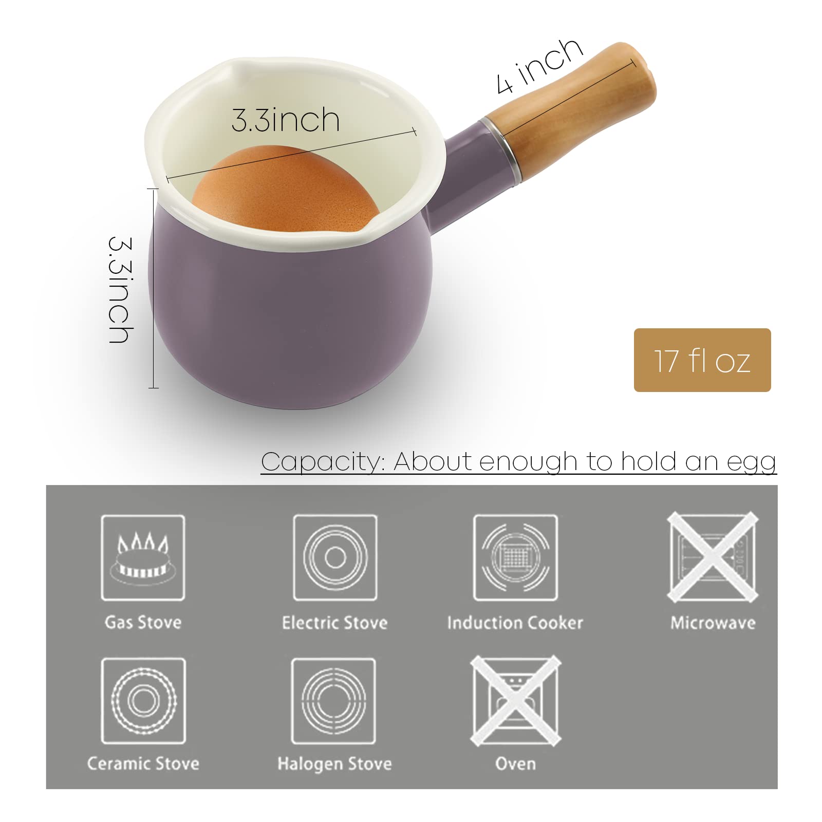 Farcady 0.6Qt Mini Enamel Milk Pot Insulated Wooden Handle 2 Pour Spouts Small Food Warmer Cute Saucepan(D015,Purple)