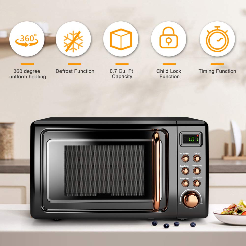 Retro Microwave Oven,Safeplus 0.7Cu.Ft, Countertop 700W Microwaves With Cold Rolled Steel Plate 5 Micro Power Defrost & Auto Coo