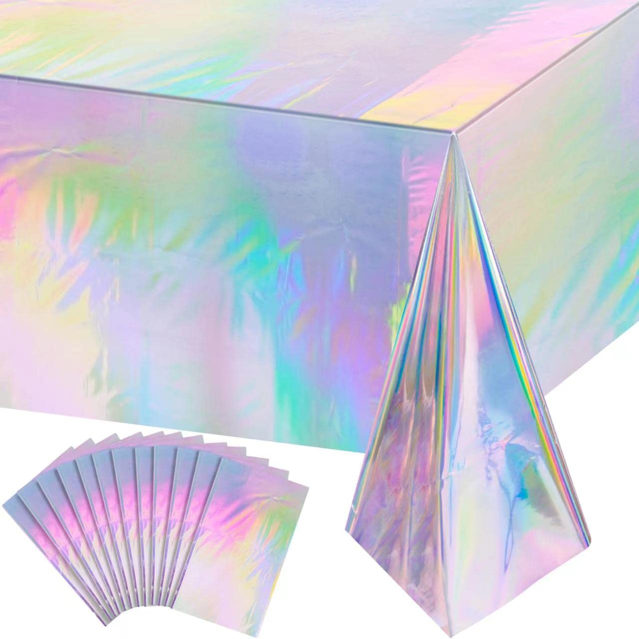12 Pack Iridescence Plastic Tablecloths Shiny Disposable Laser Rectangle Table Covers Holographic Foil Tablecloth Iridescent Par