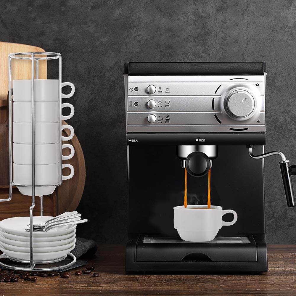 Aozita Espresso Cups And Saucers With Spoons, Stand Rack, 19-Piece Porcelain Stackable Mugs, 2.5-Ounce Demitasse Cups For Latte,