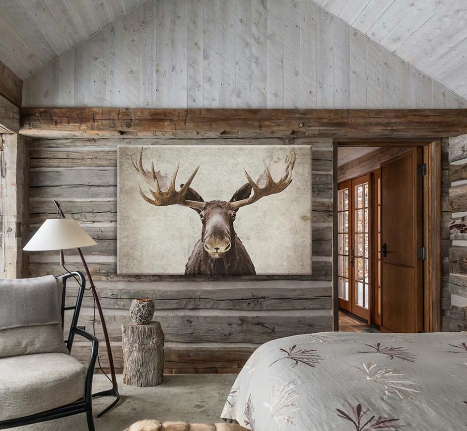 SEVEN WALL ARTS Moose Wall Art Canvas, 36"x24", Rustic Cabin Decor, Vintage Elk & Deer Painting for Living Room, Hunting Lodge Theme