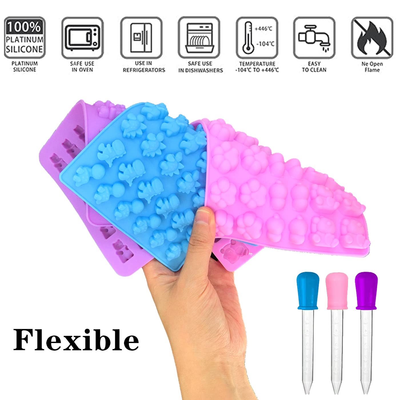 3-Pack Mini Dinosaur, Bear Shape,Panda And Panda Claws Candy Chocolate Non-Stick Silicone Mold And Ice Cube Tray, Silicone Candy
