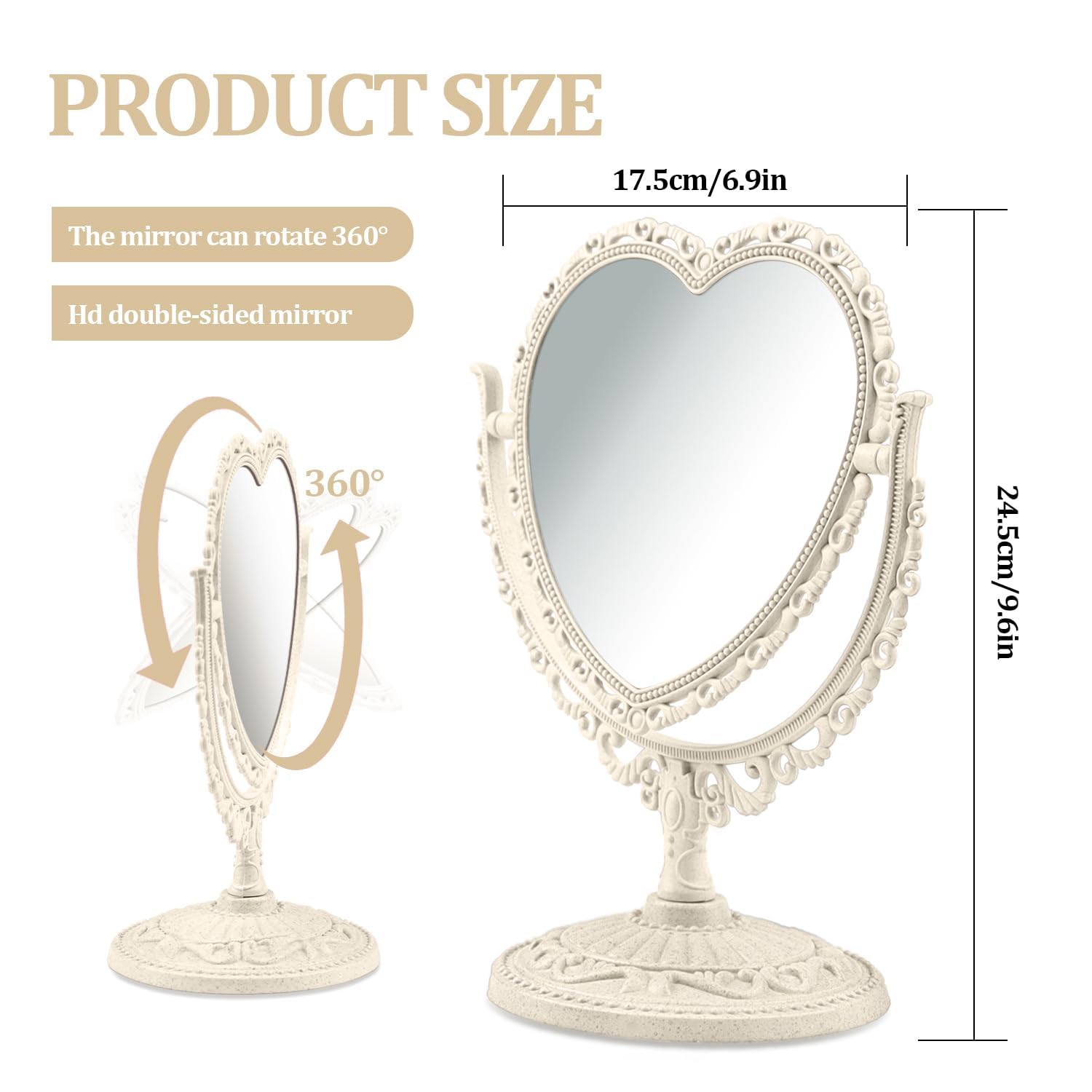 Qeeyon Beige Heart Vanity Mirror 360 Degree Swivel Makeup Mirror Aesthetic Mirror Double Sided Table Desk Countertop Mirror Stan
