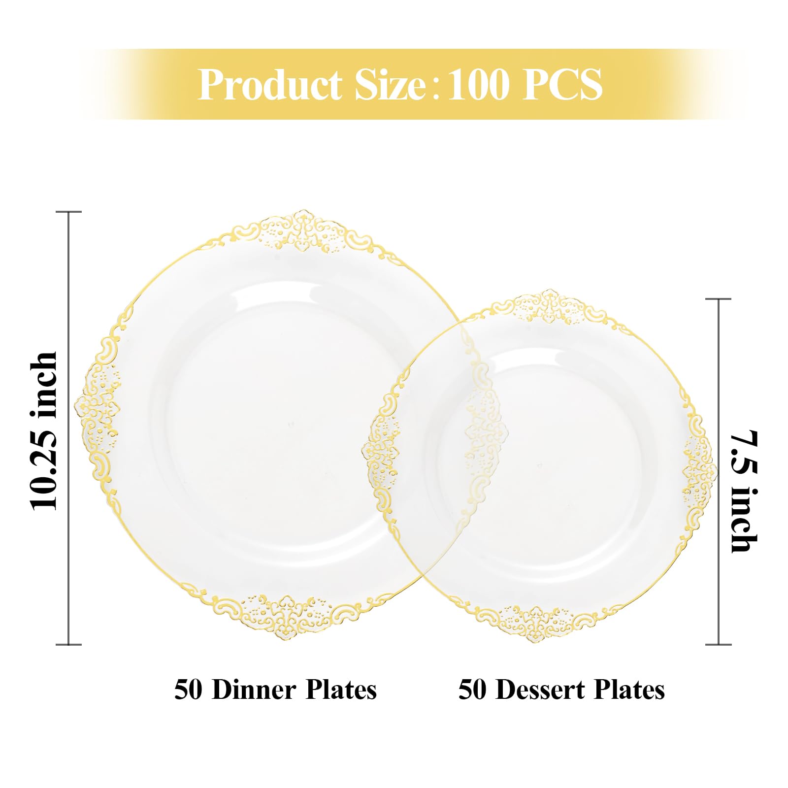 100 Pcs Clear And Gold Plastic Plates For 50 Guests, Clear Disposable Plates Include 50 Pcs Dinner Plates, 50 Pcs Dessert Plates