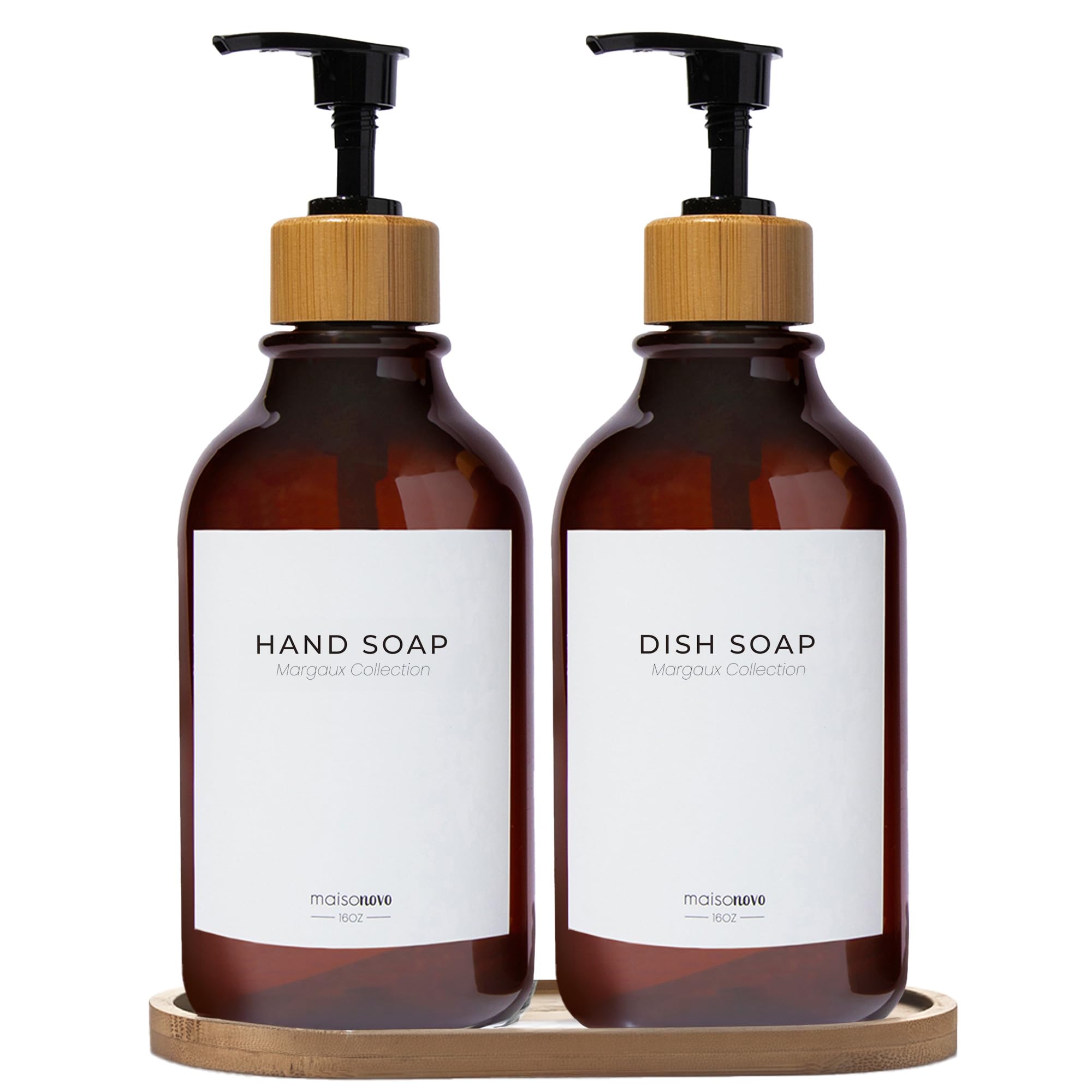 Maisonovo Kitchen Soap Dispenser Set With Tray | Bamboo Plastic Amber Set X 2