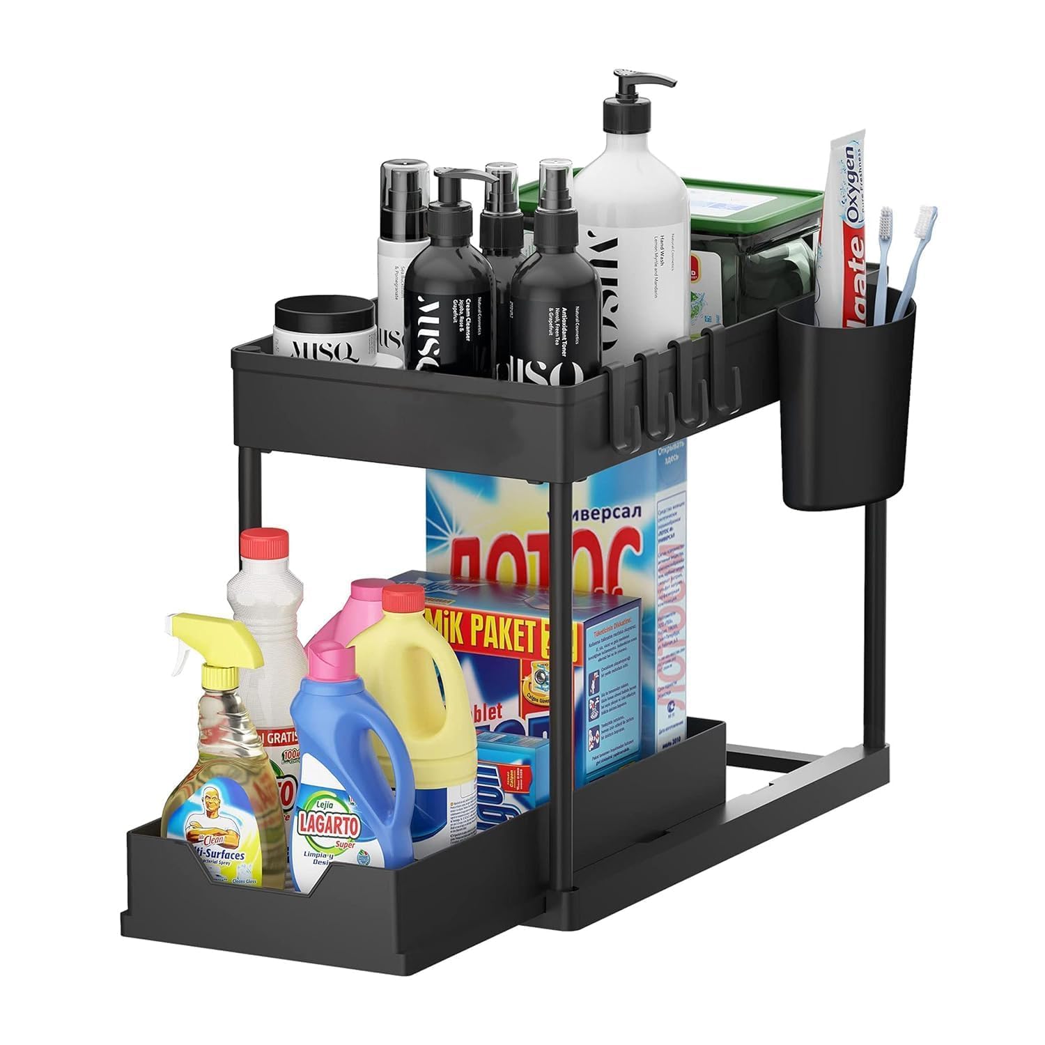Dmdent 2Tier Under Sink Organizer  Adjustable Storage Rack With Side Hanging Cup For Bathroom, Kitchen & Cleaning Supplies