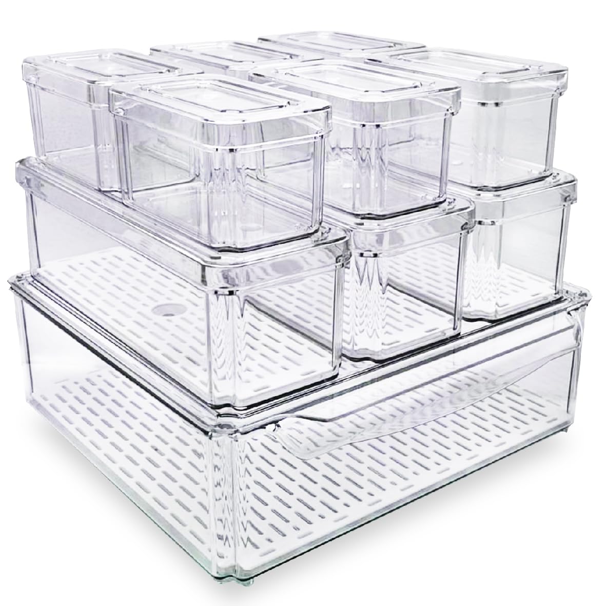 EASPACE 10Pack Clear Fridge Organizer Bins with Lids & Drainage Holes, Stackable Container Set, BPAFree Plastic Refrigerator S
