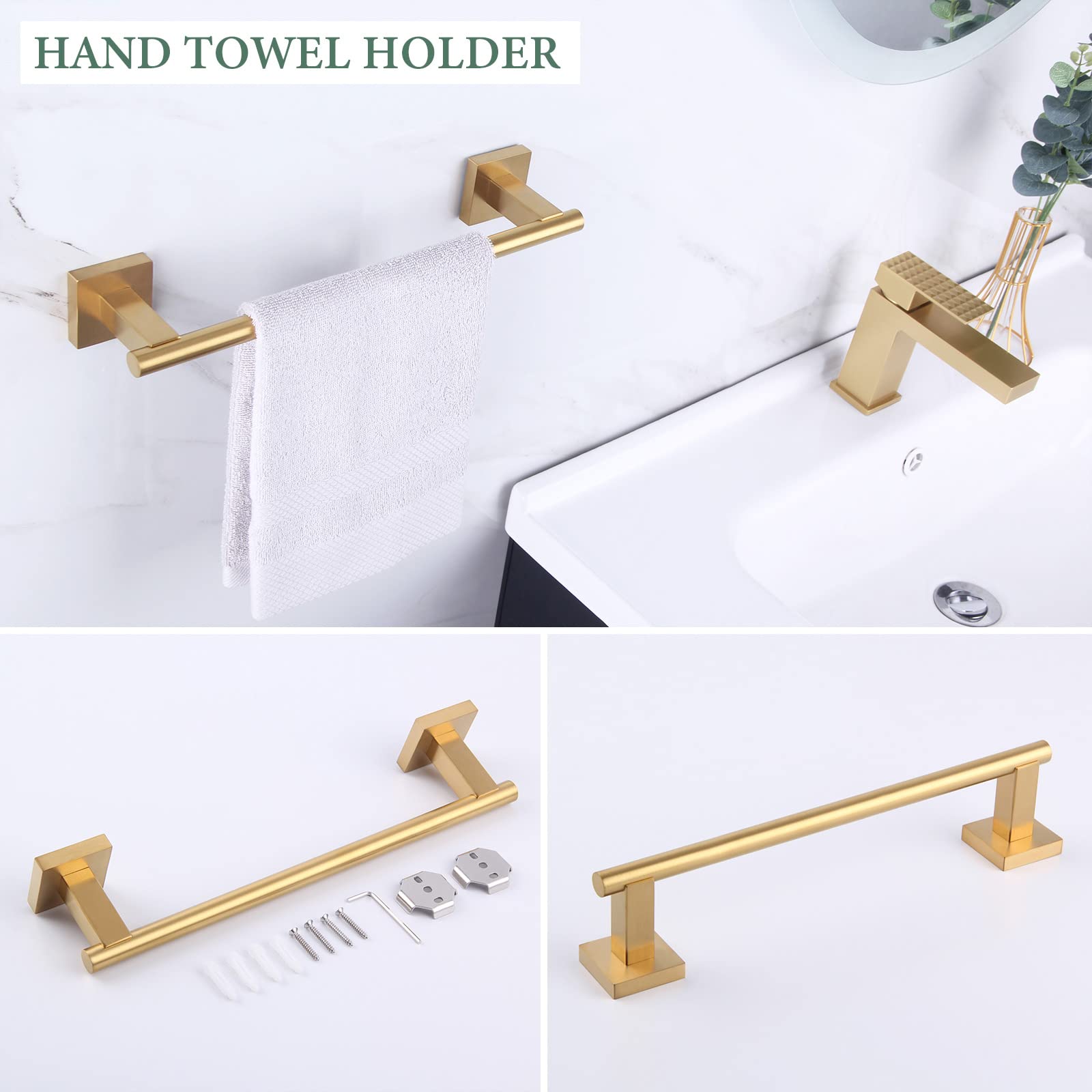 Suyar Brushed Gold Bathroom Accessories, 304 Stainless Steel Bathroom Hardware Set 4 Pieces, Include Robe Hook, Toilet Paper Hol