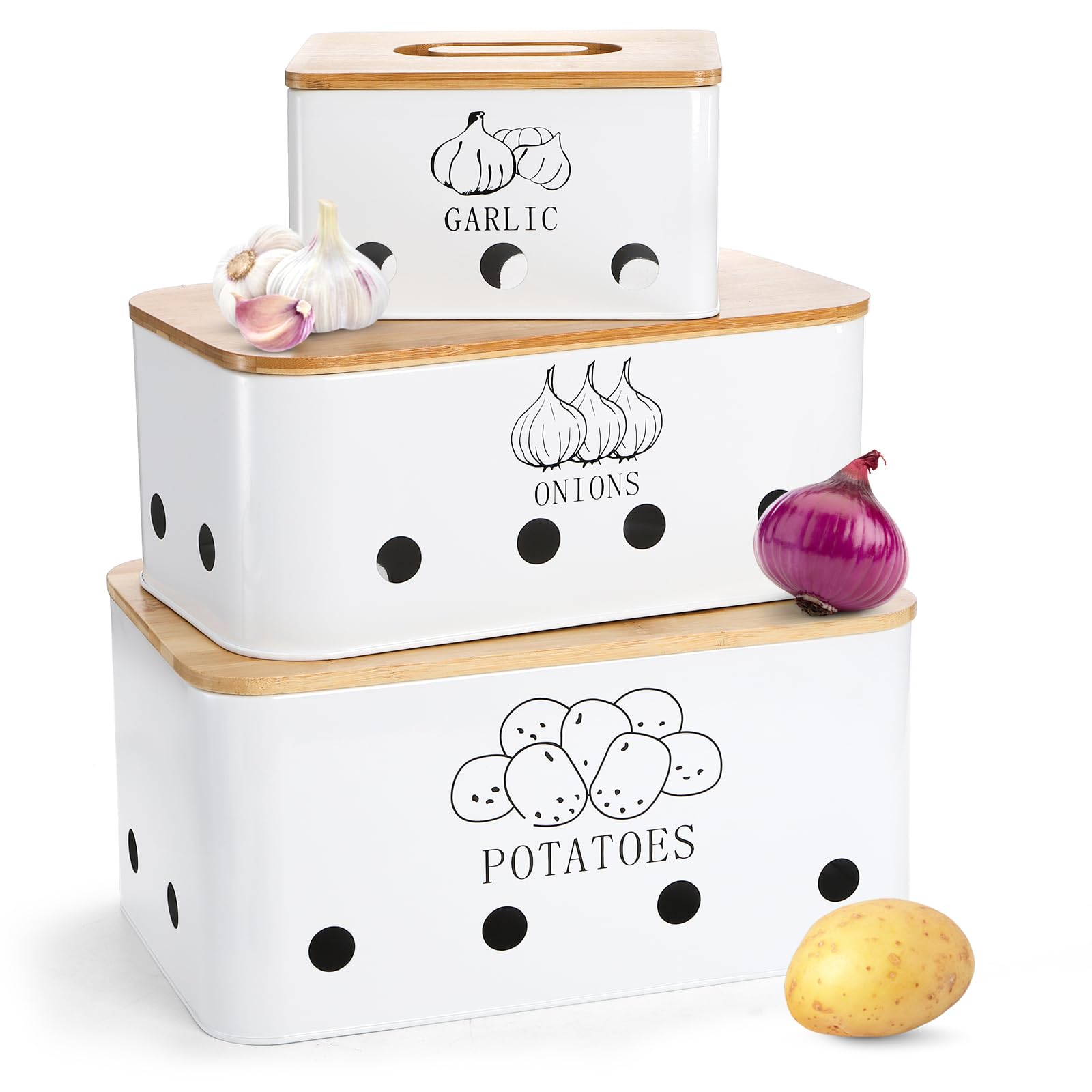 Nagpew 3 Pack Potato Onion Garlic Storage Set, Bamboo Lids