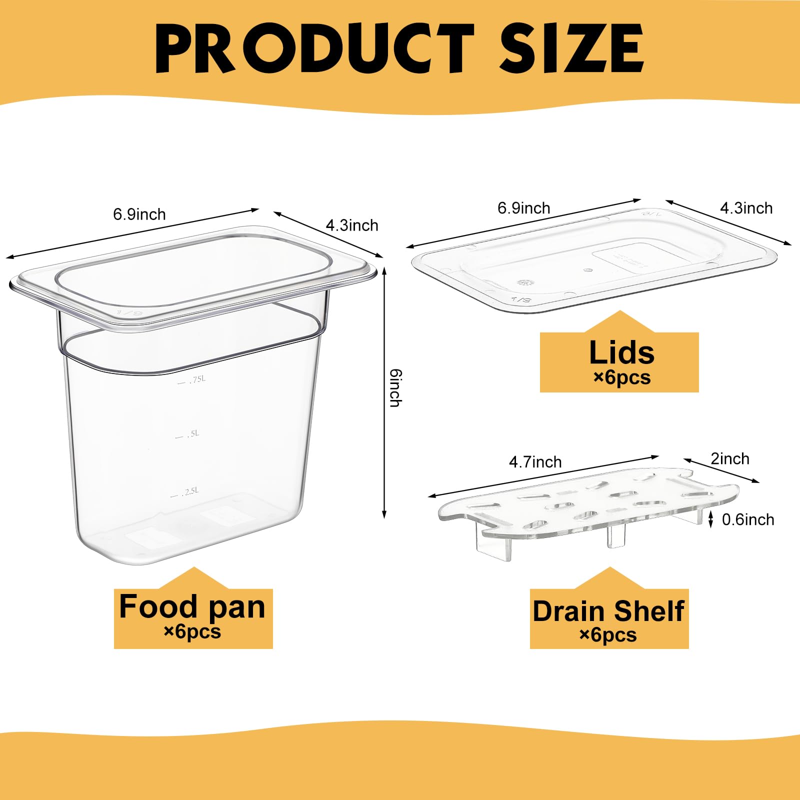 Sunnyray 6 Set 1/9 Size Polycarbonate Food Pans With Lids And Drain Shelf Deep Square Food Storage Containers For Kitchen Restau