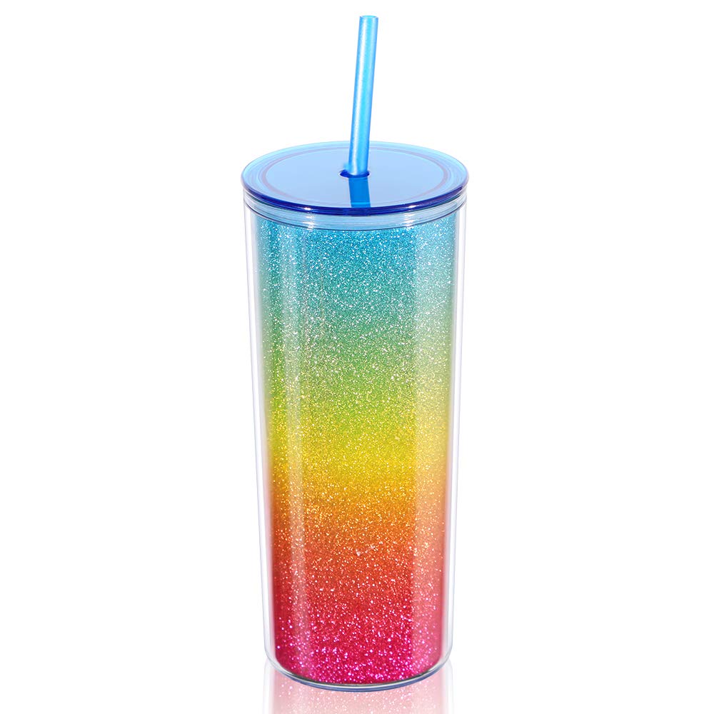 Home Tune Rainbow Tumbler With Straw, Sand Flow Glitter Double Wall Acrylic Cup Tumbler, 21 Oz / 640Ml (Blue)