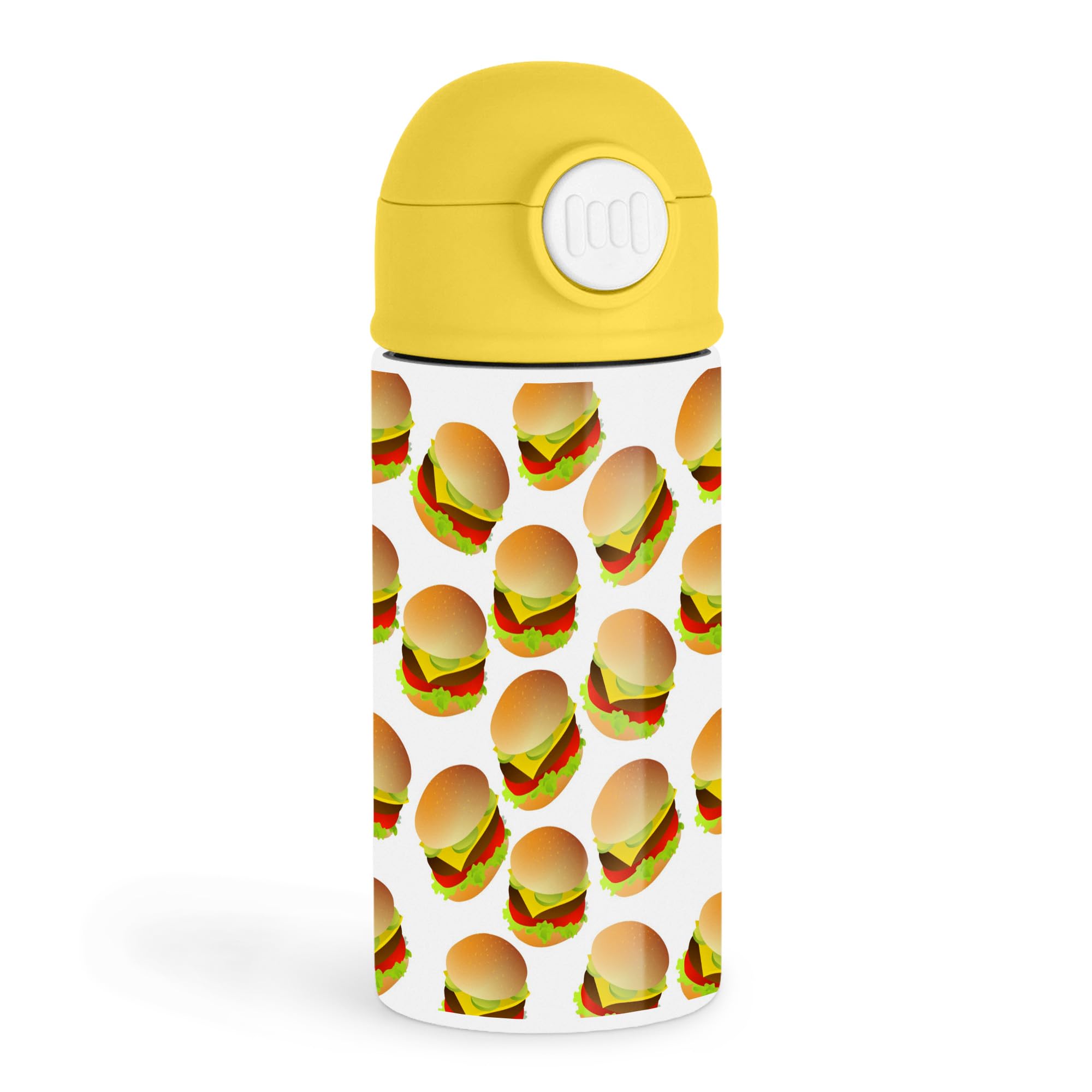 Funny Foodie Kids 12oz Kids Yellow Bottle  Repeating pattern of colorful cheeseburgers  Lunchbox, Outdoor Picnic