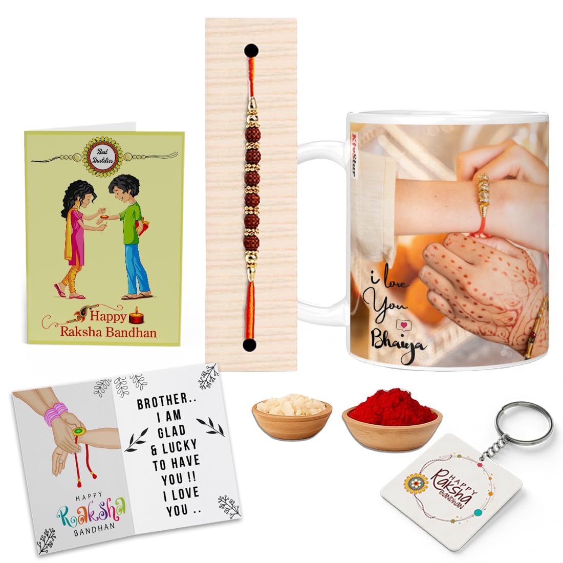 KivStar Happy rakshabandhan Quotes Printed Ceramic Mug with Rakhi Roli Keychain Greeting Card Combo Rakhi for Brother Pack of 5