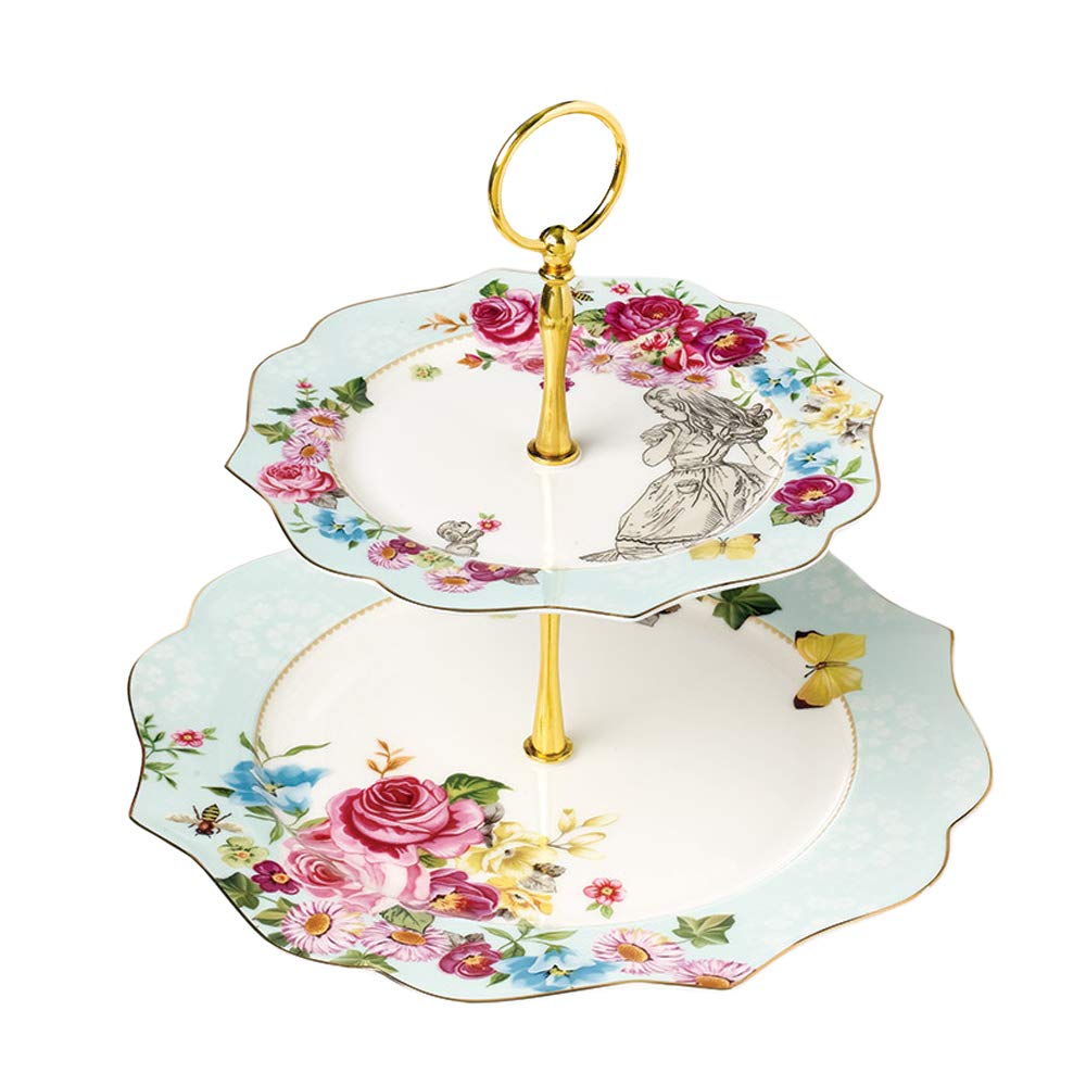 Linlins Elegant Bone China Rose Pattern 2-Tier Cake Stand/ Cupcake Stand/ Pastry Serving Cake Stand In Gift Box