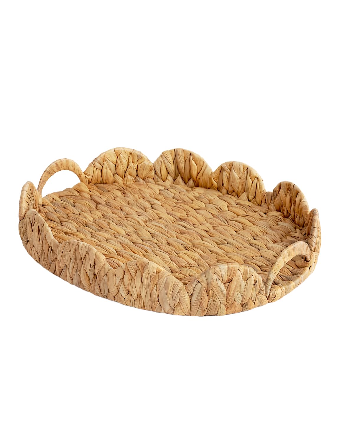 StorageWorks Elliptical Wicker Scalloped Tray, Rattan Serving Trays with Handles, Water Hyacinth Basket for Decorative & Organiz