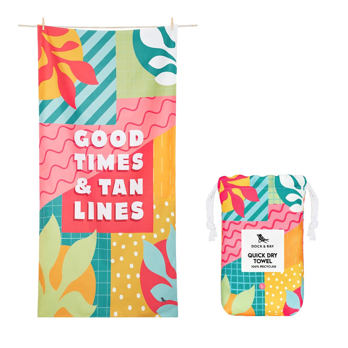 Dock & Bay Beach Towel - Quick Dry, Sand Free - Compact, Lightweight - 100% Recycled - Includes Bag - Good Times & Tan Lines - L