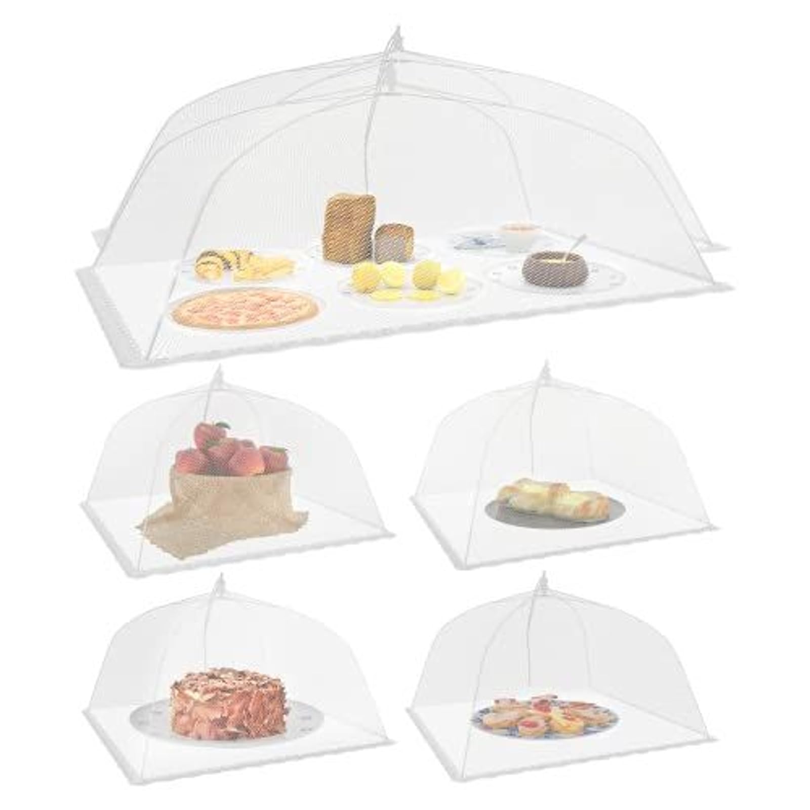 Simply Genius Mesh Food Covers for Outdoors - 2 Jumbo (39x24 in) & 4 Large (17x17 in), White Collapsible 6-Pack - Pop-Up Reusabl