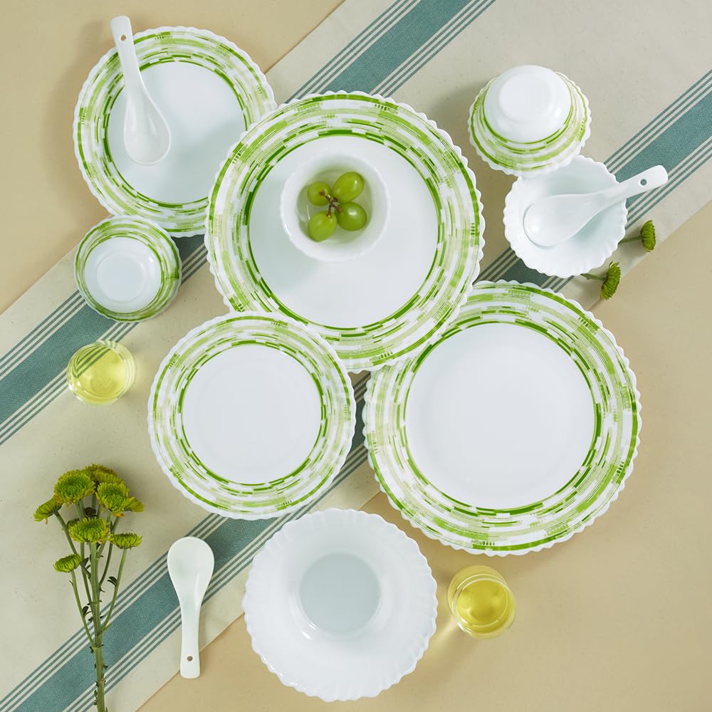 Larah By Borosil Aura Silk Series Opalware Dinner Set | 35 Pieces For Family Of 6 | Microwave & Dishwasher Safe | BoneAsh Free 