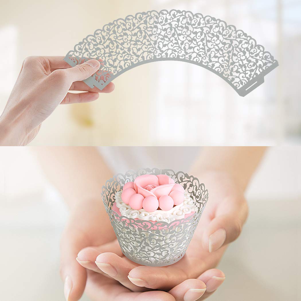 Benbilry 50 Pcs Cupcake Wrappers Artistic Bake Cake Paper Cups Laser Cut For Wedding Party Birthday Decoration (Grey)