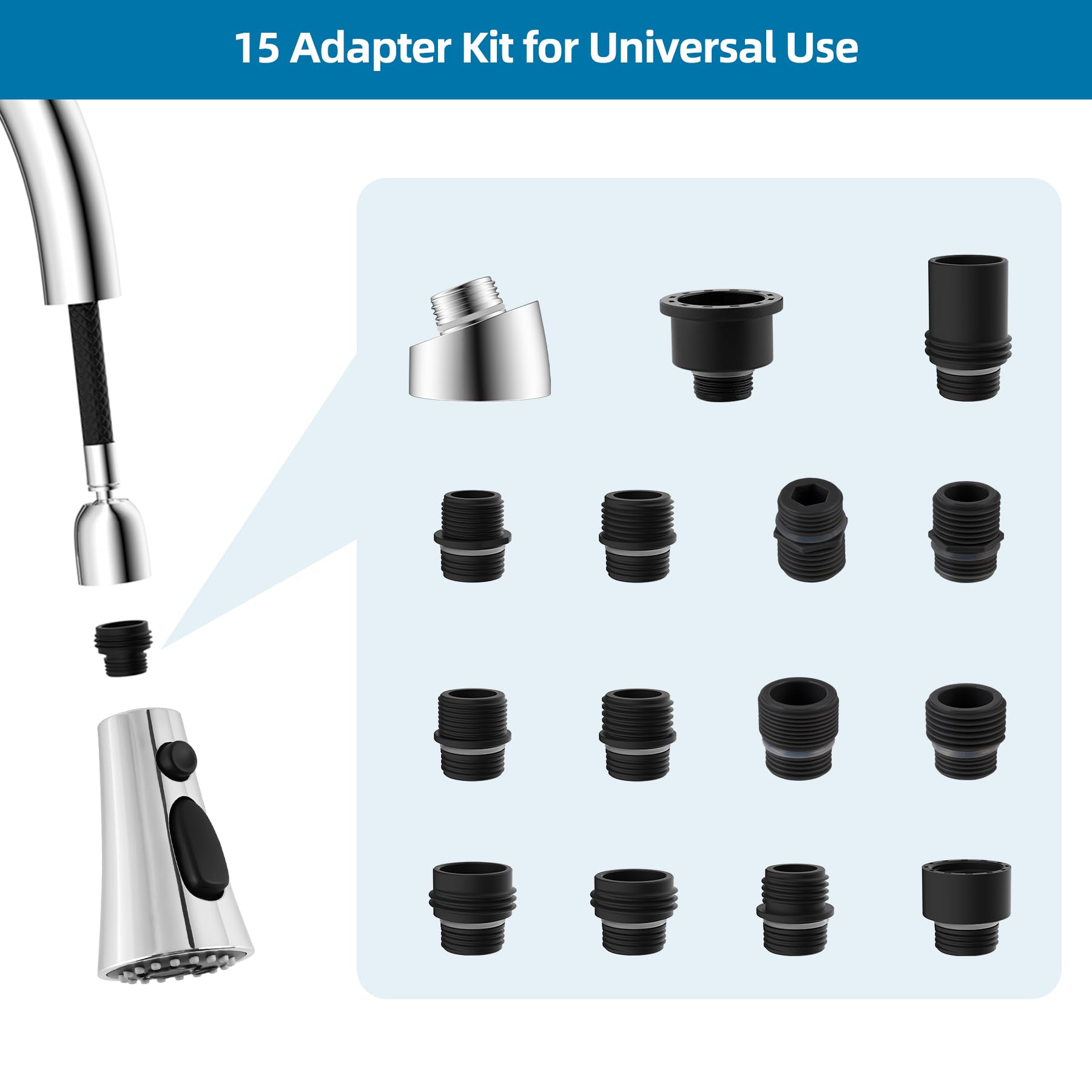 Hygie Rinse Universal Kitchen Faucet Head Replacement With 15 Adapter Kit Compatible With Kohler/Moen/Delta Faucet, 3 Function P