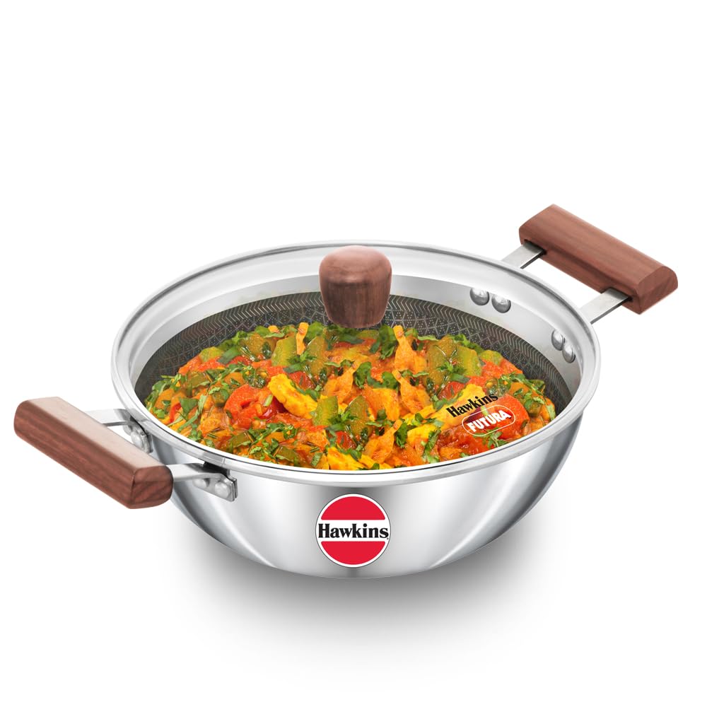 Hawkins 2.5 Litre Deep Kadhai, Triply Stainless Steel Shielded Nonstick Deep-Fry Pan With Rosewood Handle, Honeycomb Non Stick I