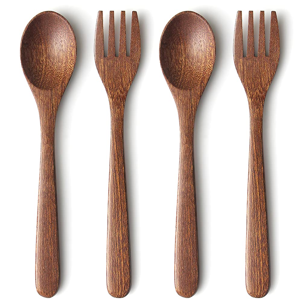 YFWOOD 4-Pieces Natural Wooden Kids Utensils Set, Child Forks and Spoons, Toddler Safe Flatware Hand polishing Anti-slip Portabl