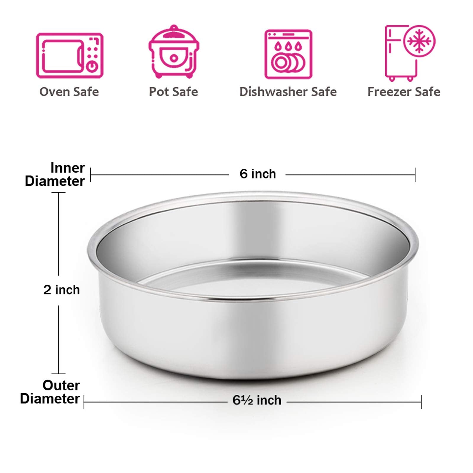 E-far 6 Inch Cake Pan Set of 2  Stainless Steel Round Smash Cake Baking Pans  Non-Toxic & Healthy  Mirror Finish & Dishwasher Safe