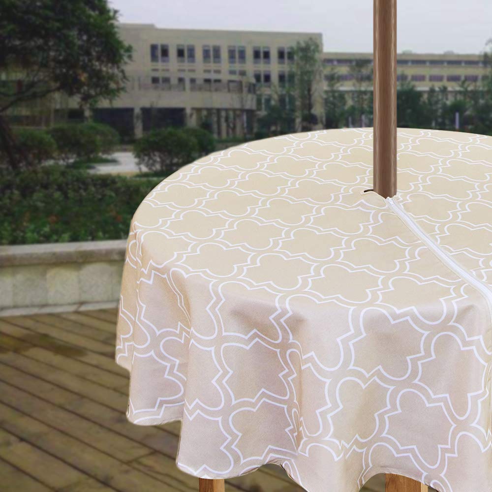 Melaluxe Spring/Summer Wrinkle-Free Waterproof Outdoor Tablecloth with Umbrella Hole and Zipper (Khaki, 60 Round-Zippered)