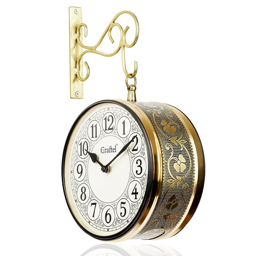 CRAFTEL Metal Analog Double Sided Vintage English Roman Station Wall Clock (Shiny Gold_8 Inches)