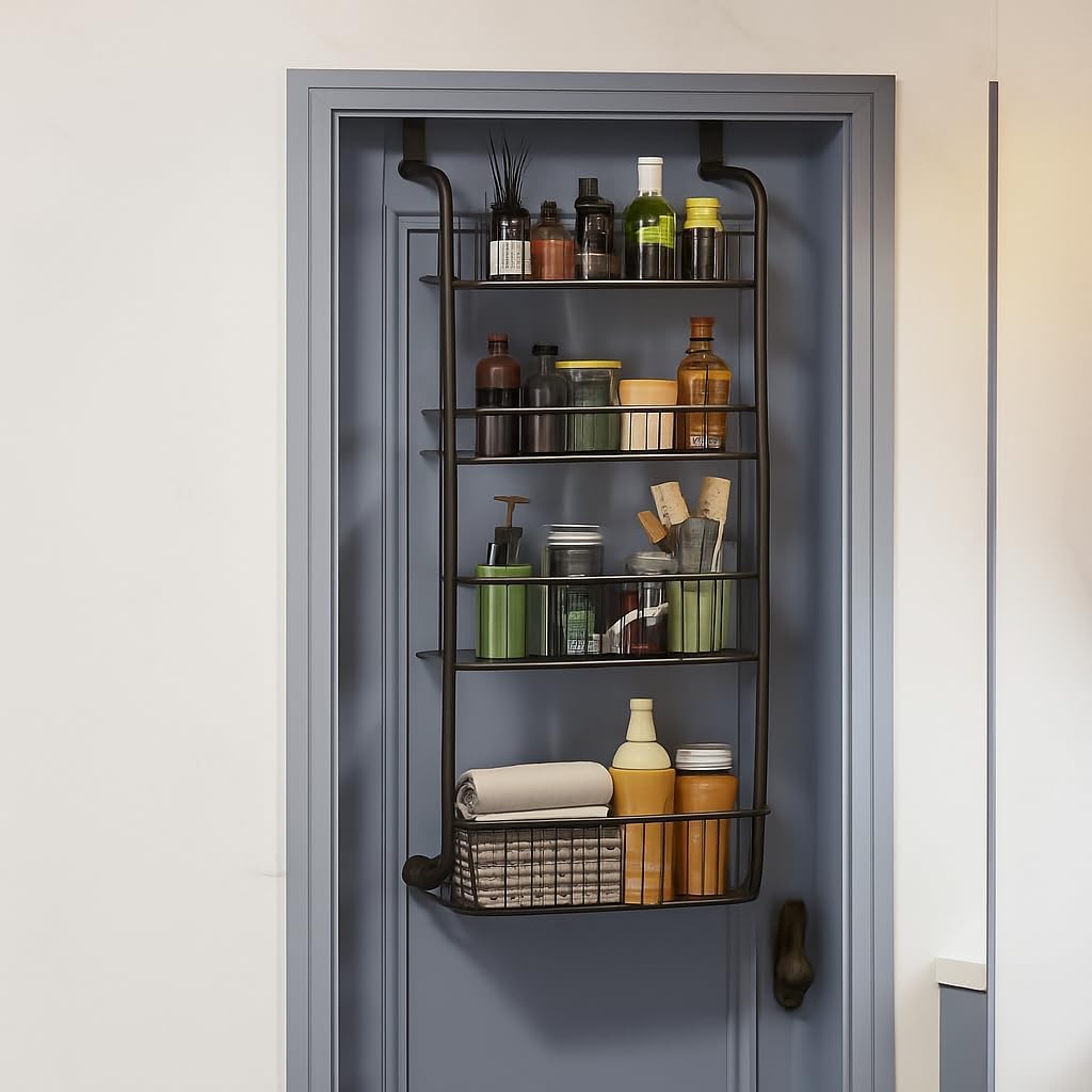 MOVECOM Over the Door Pantry Organizer, Metal Hanging Spice Rack with Adjustable Basket, over Door Hanging Storage and Organizat