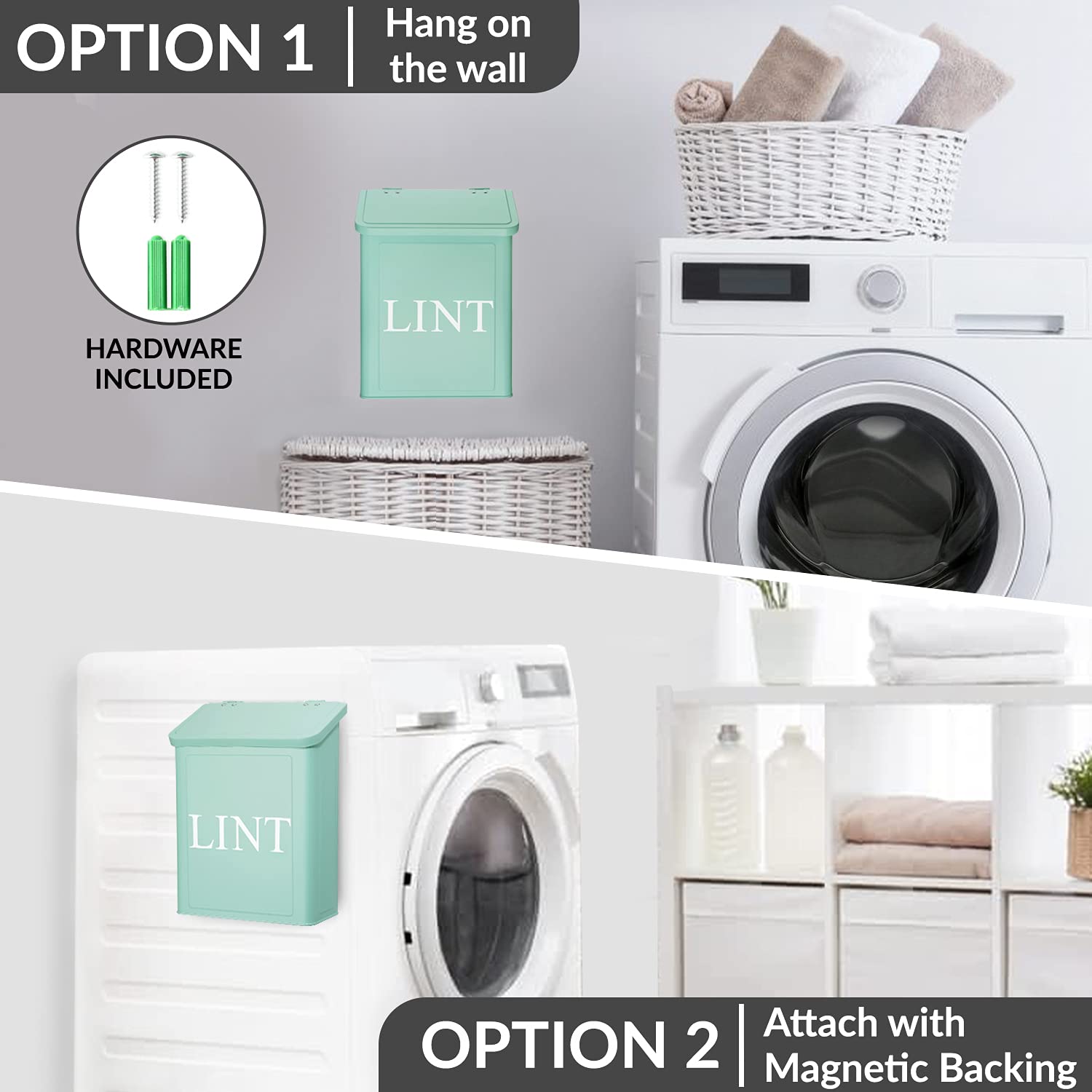 Calindiana Modern Farmhouse Metal Lint Bin For Laundry Room, Mint, 10L