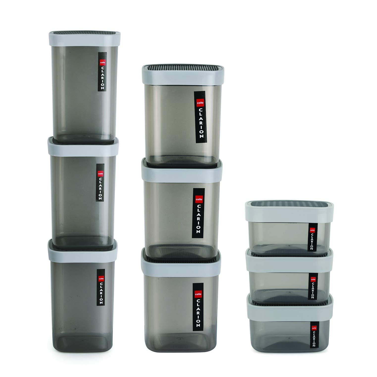 Cello Clarion Square Storage Containers With Lid, Set Of 9 Pcs (500Ml, 1000Ml, 2200Ml) X 3, Grey | Bpa Free Pet Body, Air Tight 