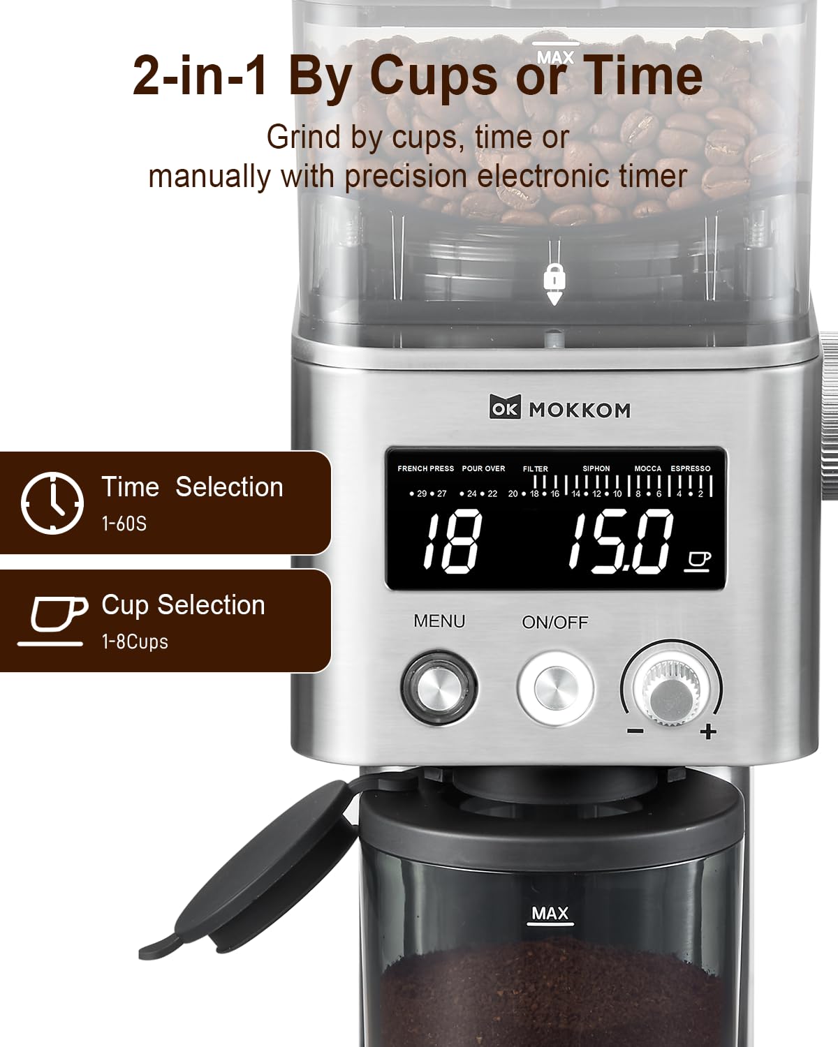 Mokkom Coffee Grinder, Anti-Static Conical Burr Coffee Bean Grinder, Adjustable Electric Burr Mill With 31 Precise Settings For