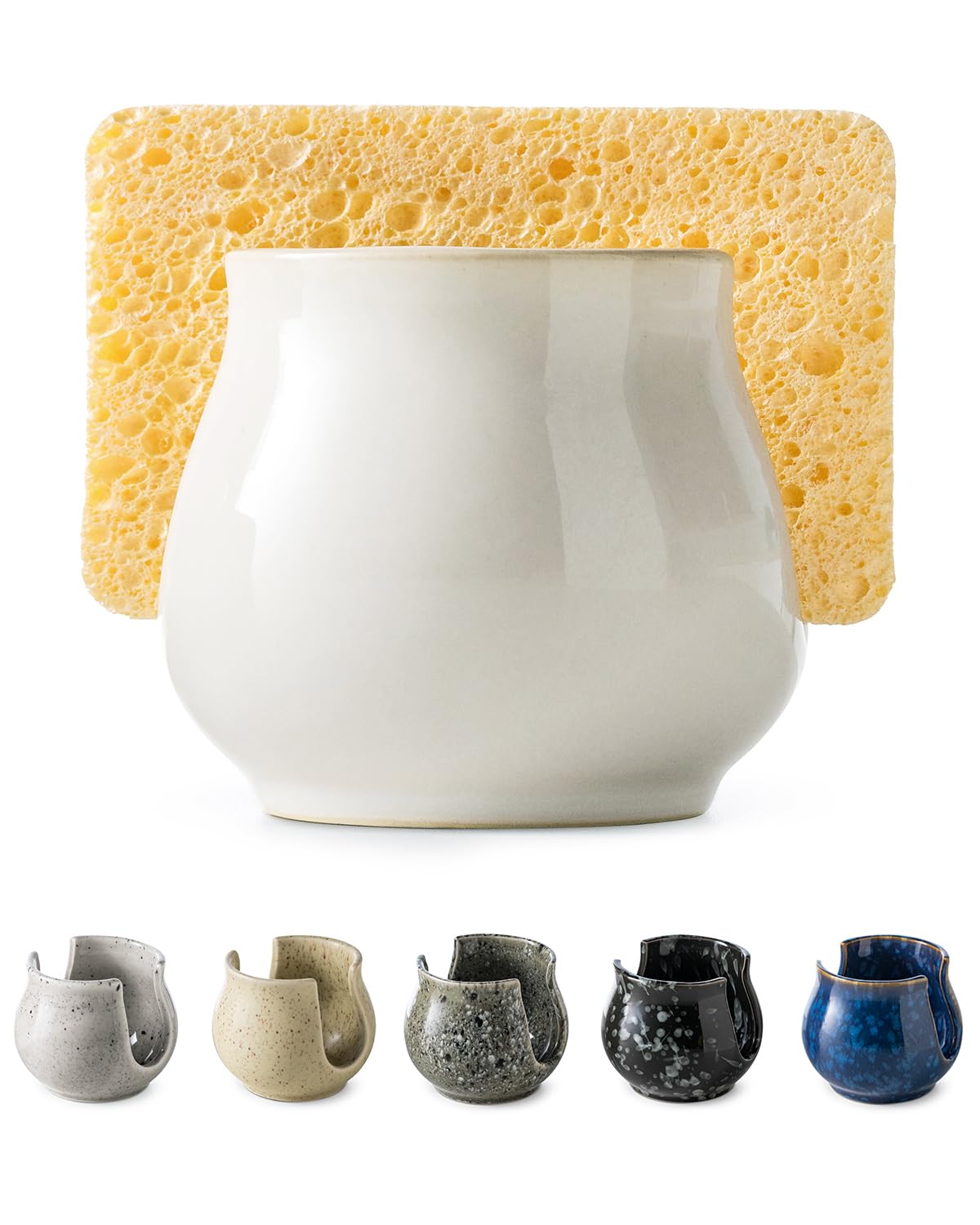 Zoeeker Sponge Holder for Kitchen Sink Counter, Ceramic Dish Sponge Caddy White Sink Organizer Dish Rack Farmhouse Brush Holder 