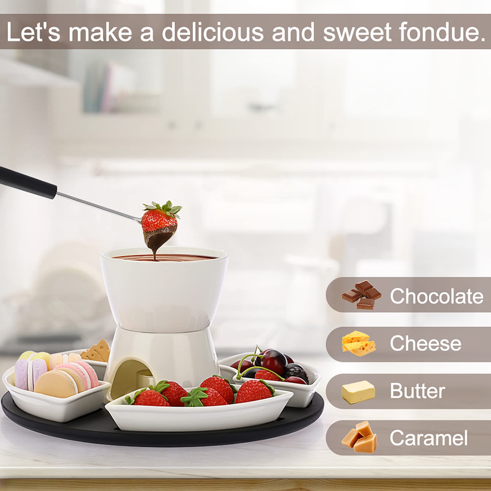 Bstkey 300Ml Ceramic Butter Warmer Set With Wooden Pallet, Fondue Pot Melting Pot Set, Melt Hot Pot Bowl Set For Cheese Chocolat