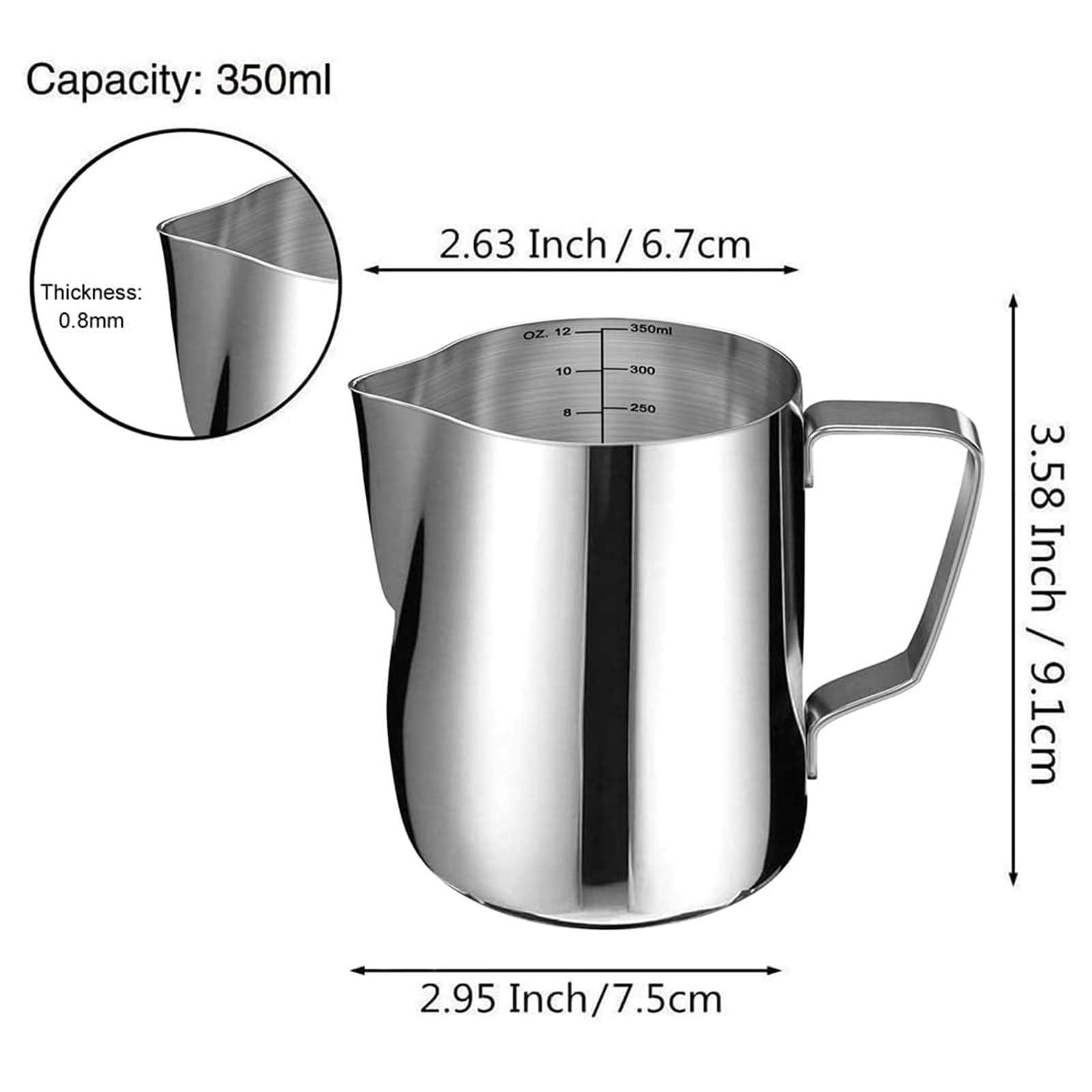 SIKEMAY Milk Frothing Pitcher, 12oz/350ml Stainless Steel Jug, Silver - Perfect for Latte Art and Espresso Machine Accessories