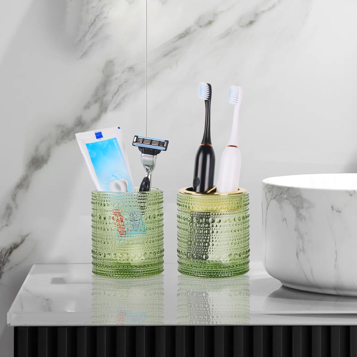 Tonxus Green Toothbrush Holders,2Pcs Glass Toothbrush Holder Set,Clear 10Oz Bathroom Tumbler,Gold Toothbrush And Toothpaste Cup