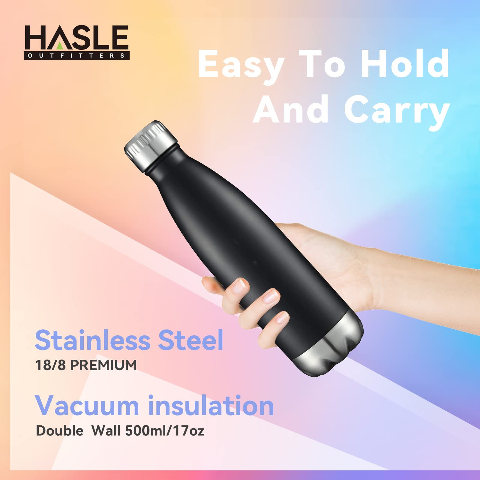 Hasle Outfitters 17Oz Stainless Steel Water Bottles Bulk, Vacuum Insulated Water Bottles Double Walled Reusable Metal Sports Wat