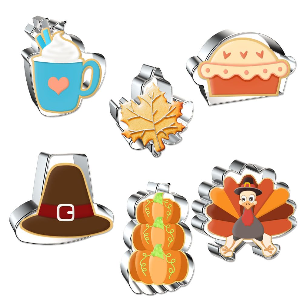 Fall Thanksgiving Cookie Cutter Set, 6Pcs Stainless Steel Autumn Biscuit Cutters Pumpkin Maple Leaf Hat Coffee Cup Pie Turkey Sh