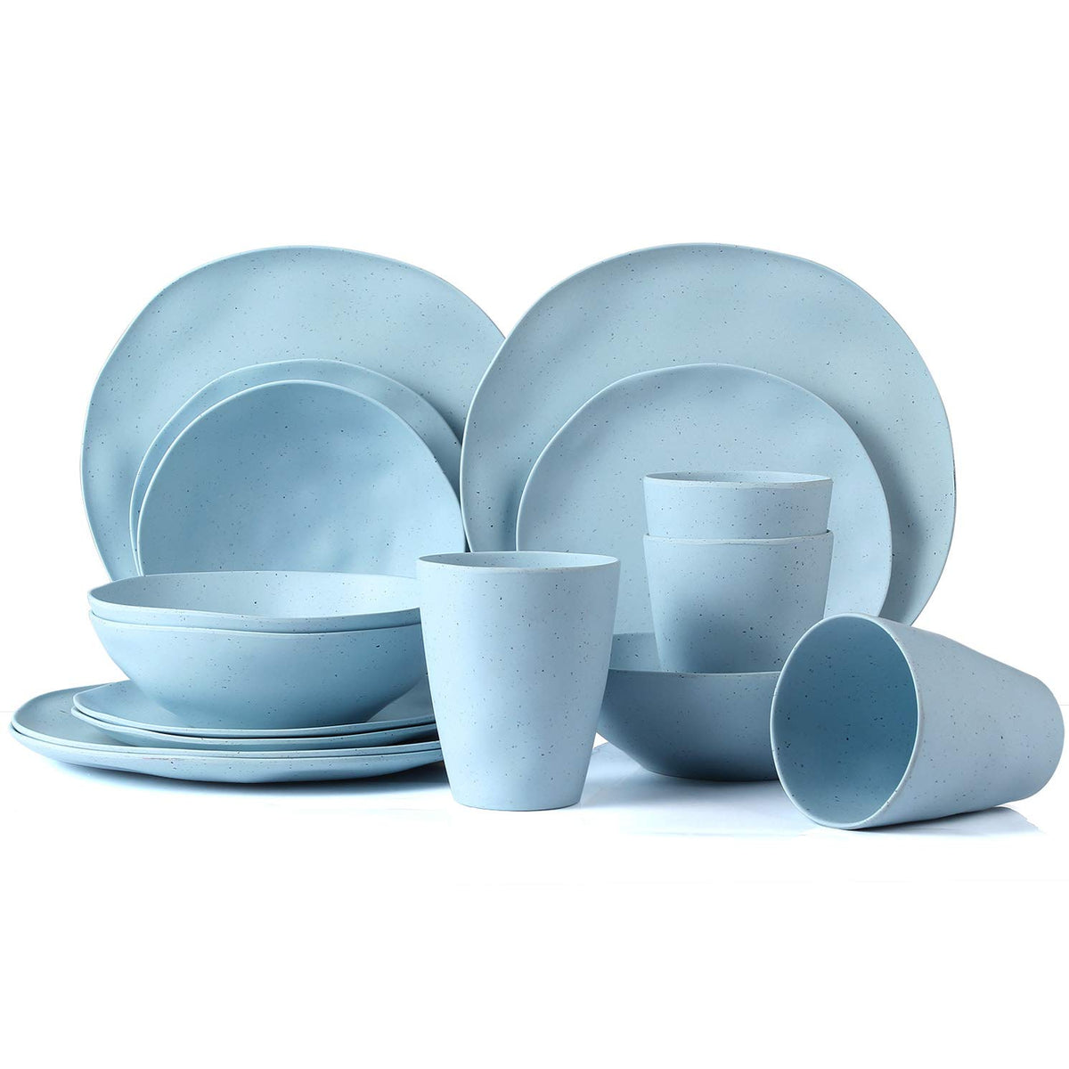LEKOCH 16 Pcs Wave Serie Reusable Light Blue Dinnerware Set Eco-friendly Bamboo Plates and Bowls Camping Set for 4 Person