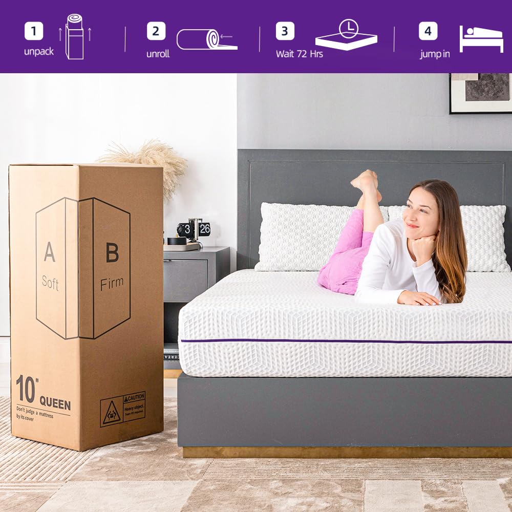 Gelsea Lavender Soft & Firm Dual Sides Flippable Mattress 10 Inch Queen Mattress,Gel Infused Memory Foam Mattress,Bamboo Charcoa