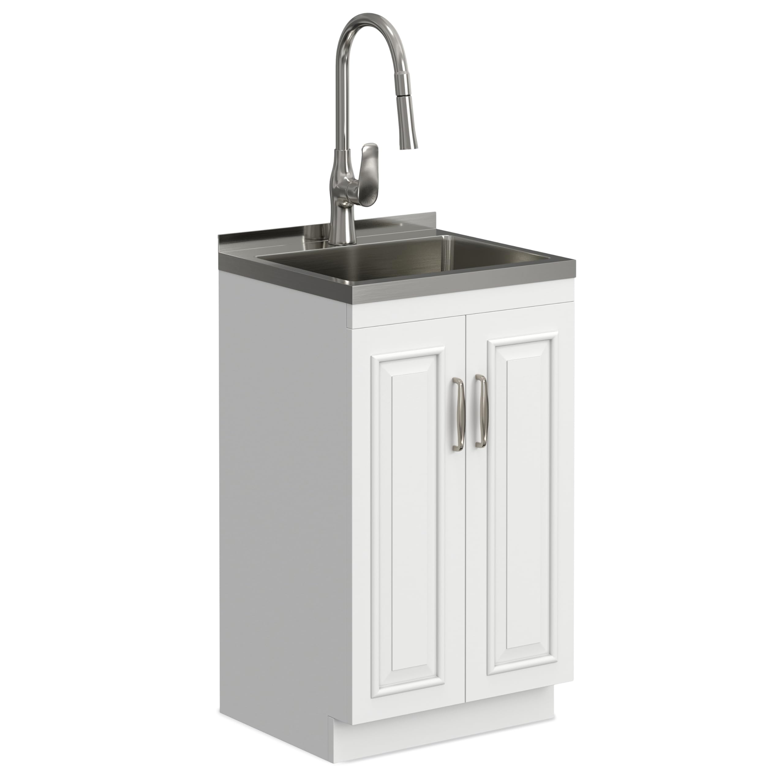 SIMPLIHOME Darwin All-in-One 20 inch Wide Utility Sink and Laundry Cabinet in Pure White Finish, Transitional Stainless Steel Si