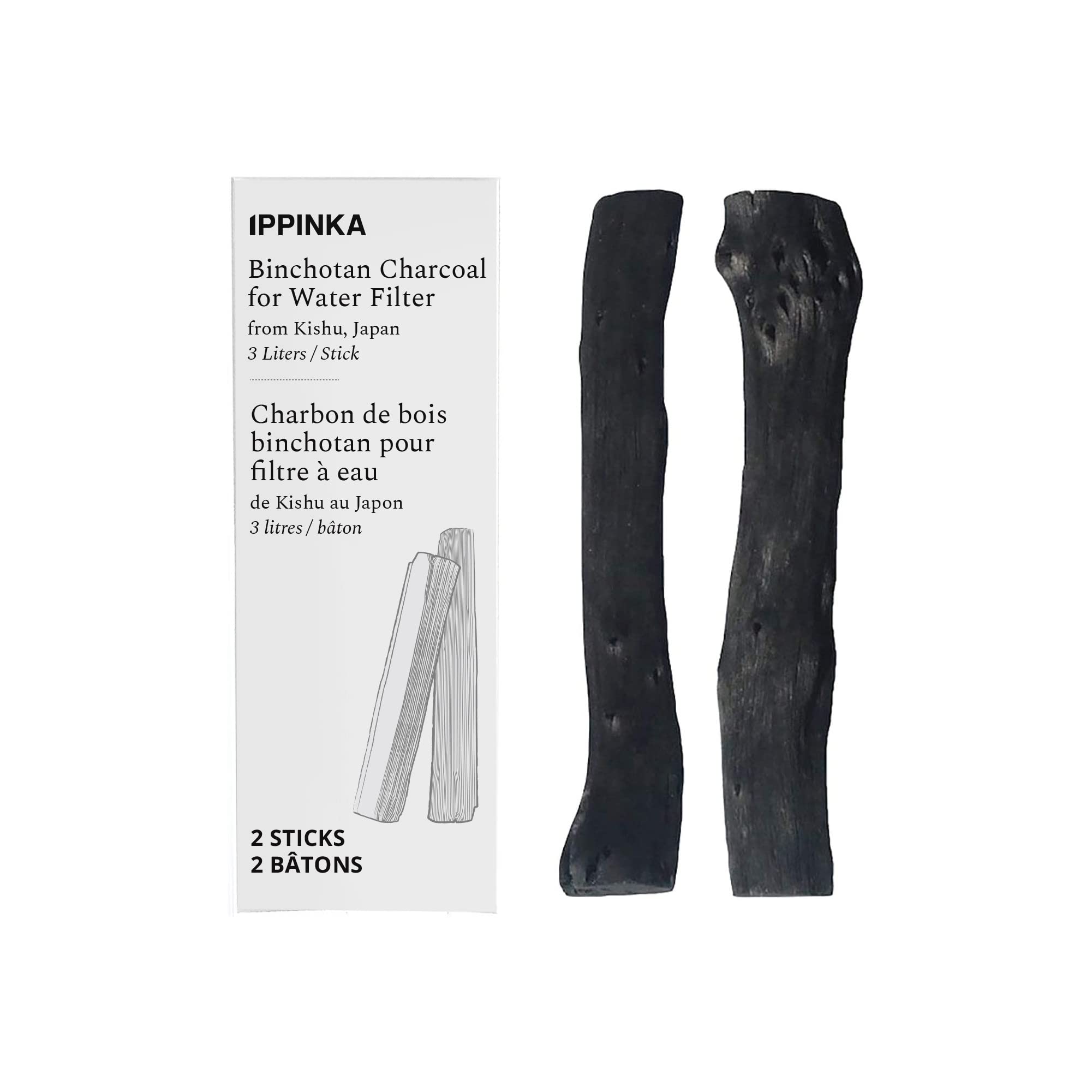 Binchotan Charcoal from Kishu, Japan - Water Purifying Sticks for Great-Tasting Water, 2 Sticks - Each Stick Filters up to 3 Lit
