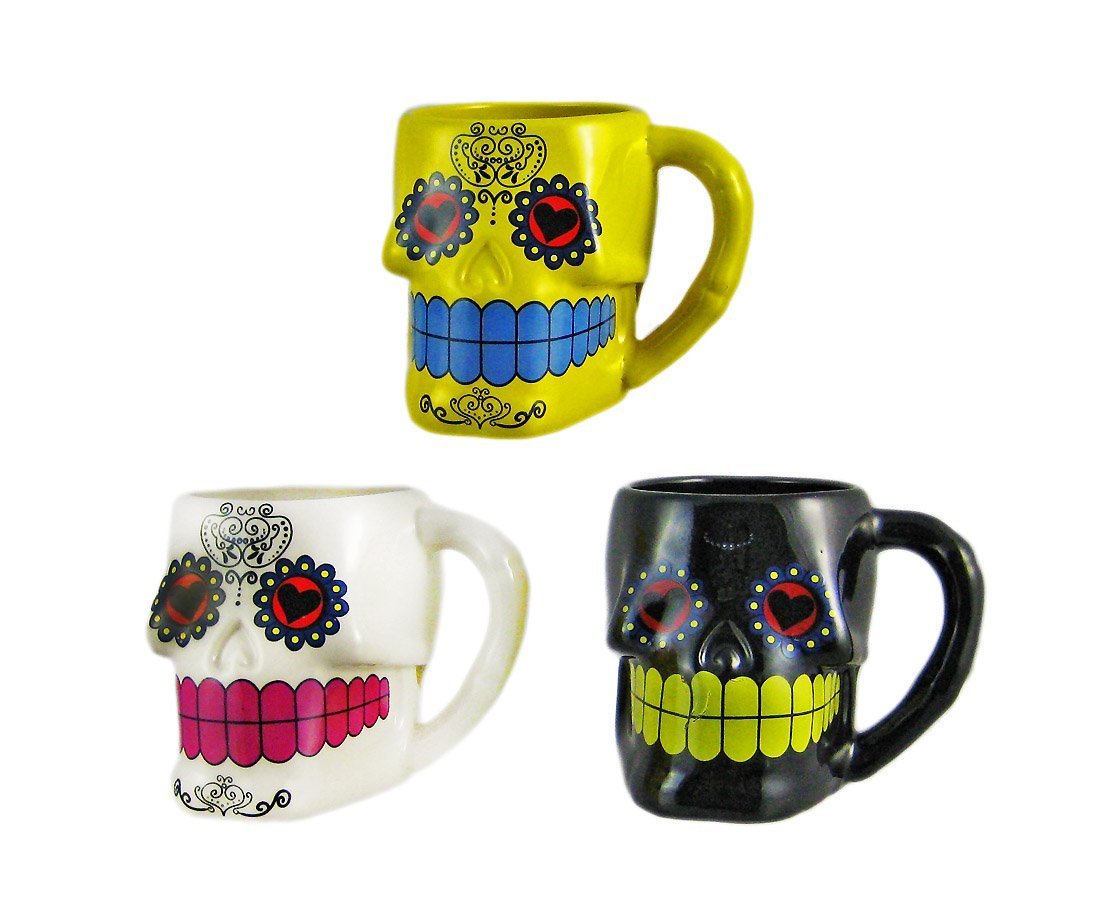 Set Of 3 DAY OF THE DEAD Sugar Skull 3D Figural Coffee Mugs
