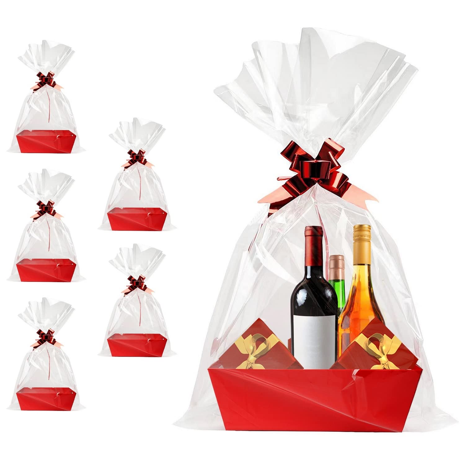 Basket For Gifts Empty, 5 Pack Sturdy Empty Gift Basket Kit With Handles, Red Cardboard Empty Gift Baskets To Fill Bulk For Holi