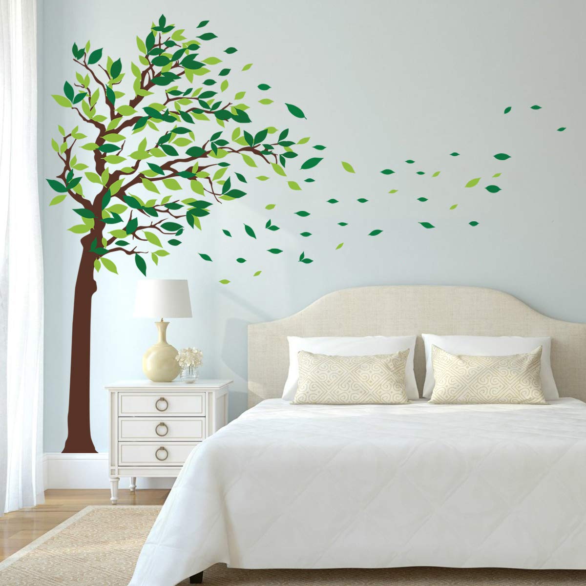 Decalmile Green Tree Wall Stickers Flying Leaves Wall Decals For Home Living Room Bedroom Sofa Backdrop Tv Wall Decoration (Xl,